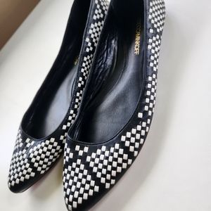 Rebecca Minkoff Leather Black/White Idelle Woven Ballet Flat Skimmers Sz 10